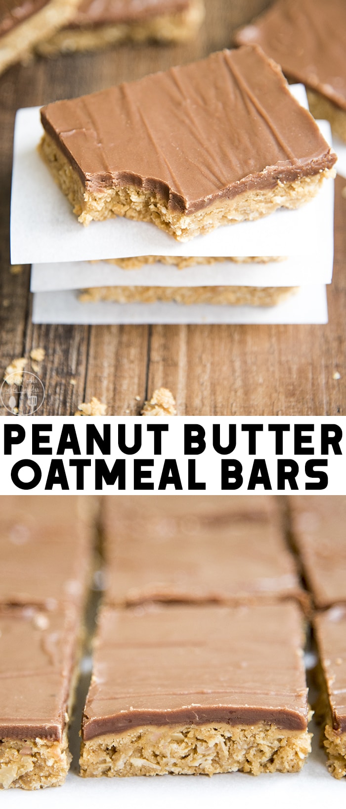 A collage of two photos of peanut butter oatmeal bars with a text block in the middle. 