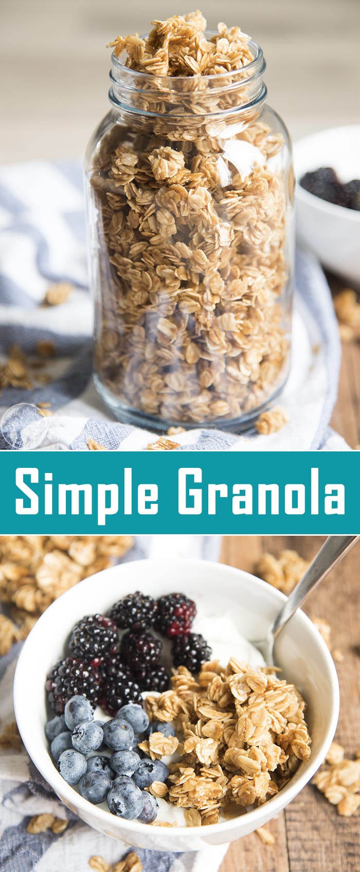 A collage of two photos of simple granola with a text block in between.