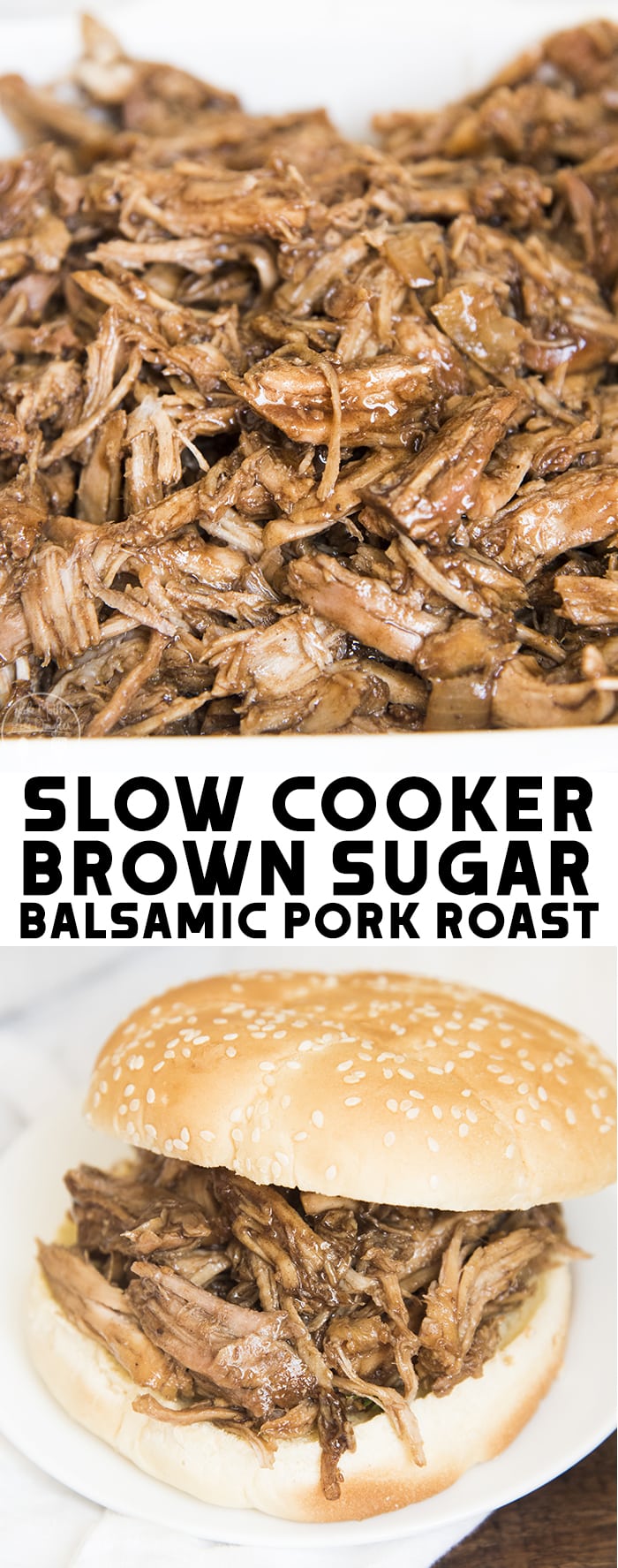 A collage of two photos of slow cooker brown sugar balsamic pork roast with a text block in the middle. 