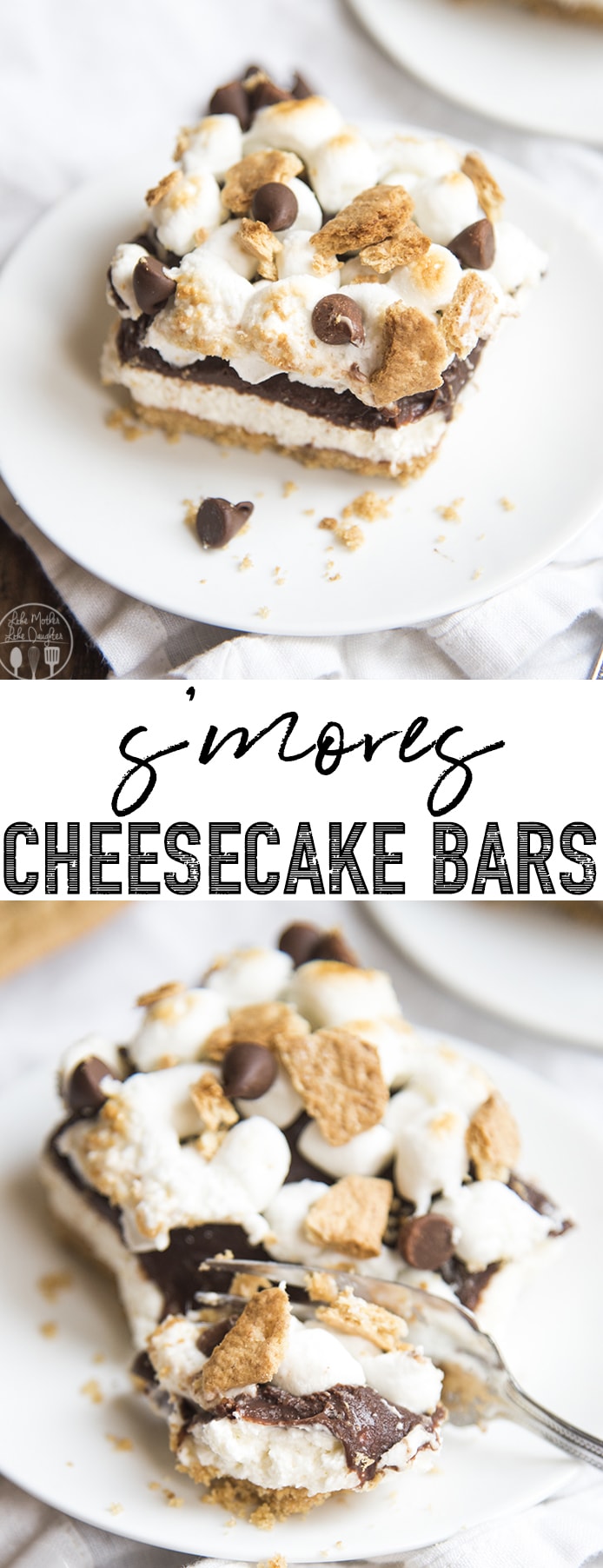 A collage of two photos of smores cheesecake bars with a text block in the middle.