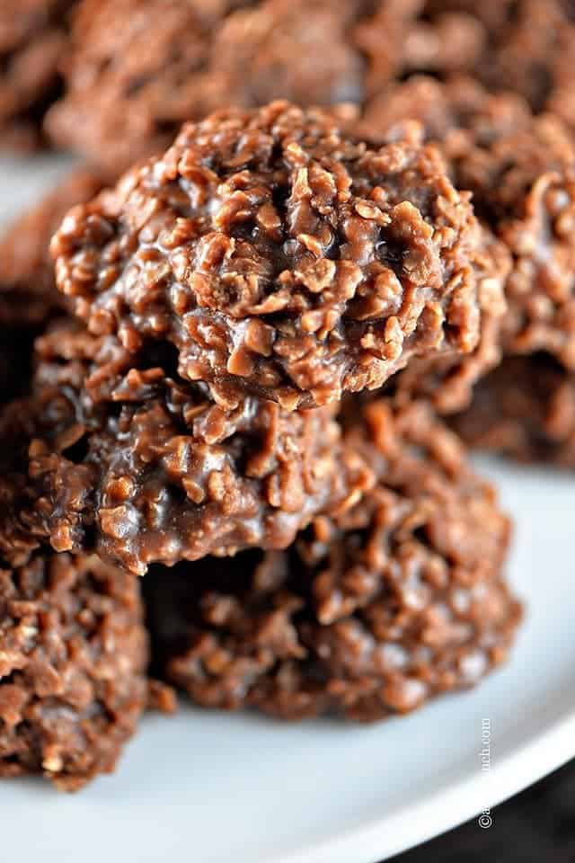 No bake chocolate cookies in a pile. 