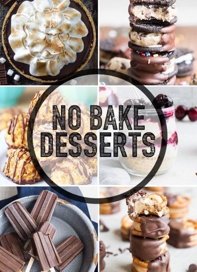 A collage of no bake desserts with a text overlay in the middle.