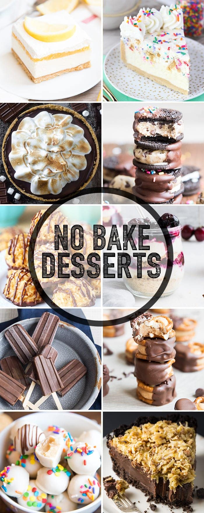 A collage of no bake desserts with a text overlay in the middle.