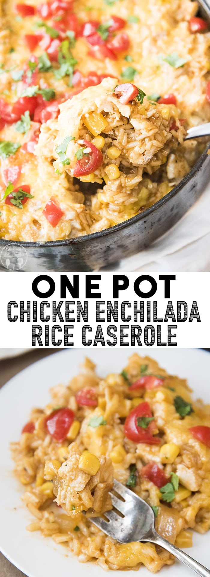 A collage of two photos of one pot chicken enchilada rice casserole with a text block in the middle of them.