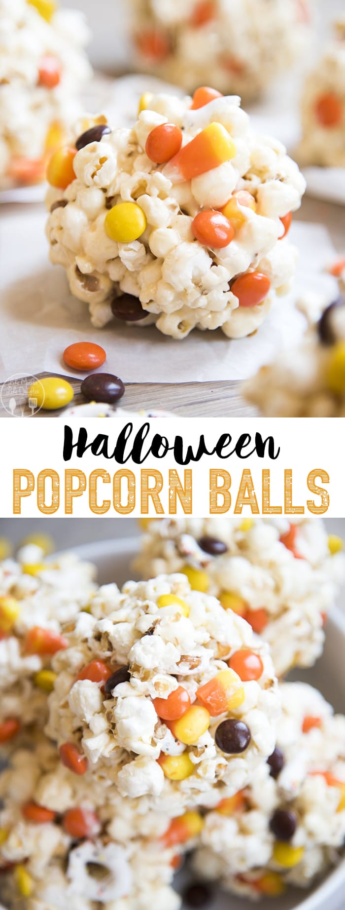 A collage of two photos of Halloween popcorn balls with a text block in the middle.
