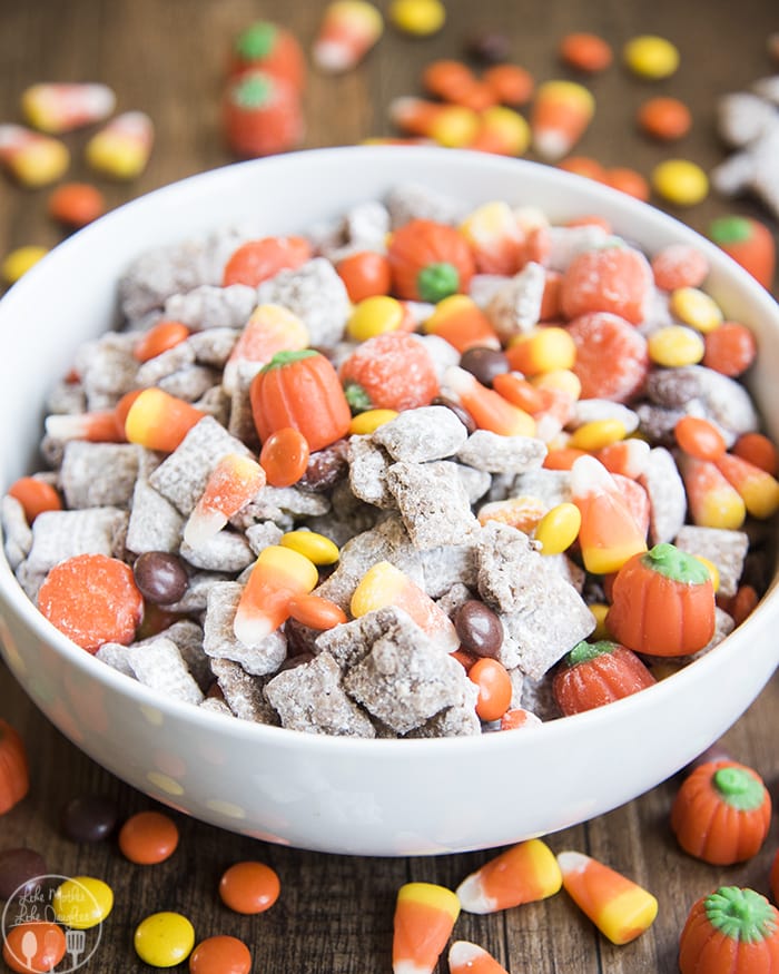 Halloween Muddy Buddies with Candy corn and reeses pieces