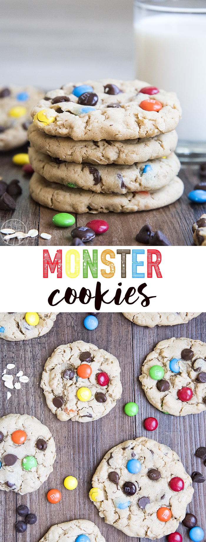 A collage of two photos of monster cookies with a text block in the middle.