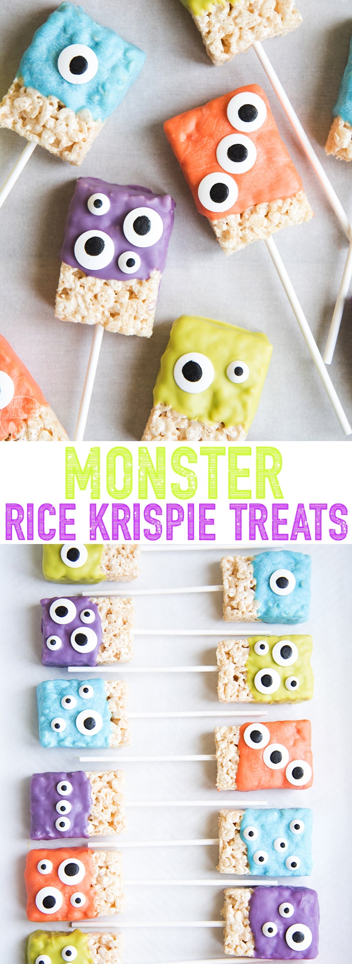 A collage of two photos of monster rice krispie treats with a text block in the middle. 
