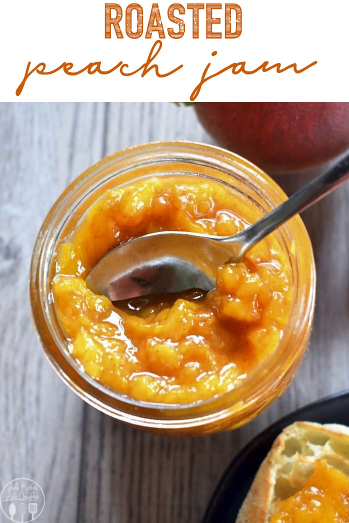 An overhead photo of a jar of peach jam, 