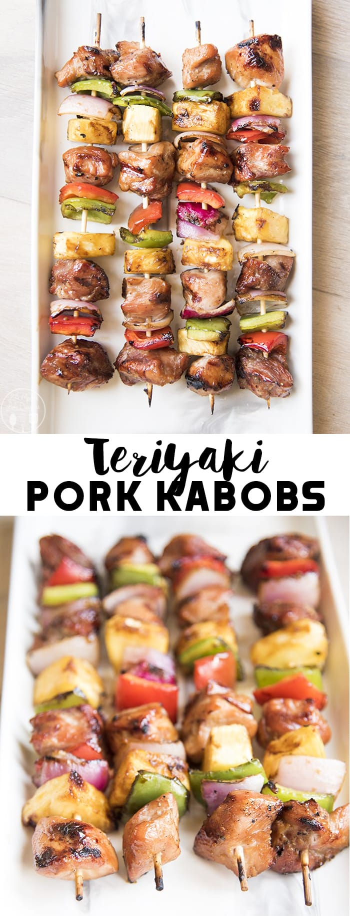 A collage of two photos of teriyaki pork kabobs with a text block in the middle. 