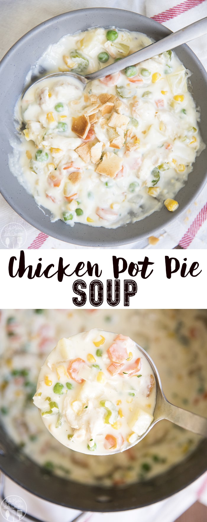 A collage of two photos of chicken pot pie soup with a text block in the middle.