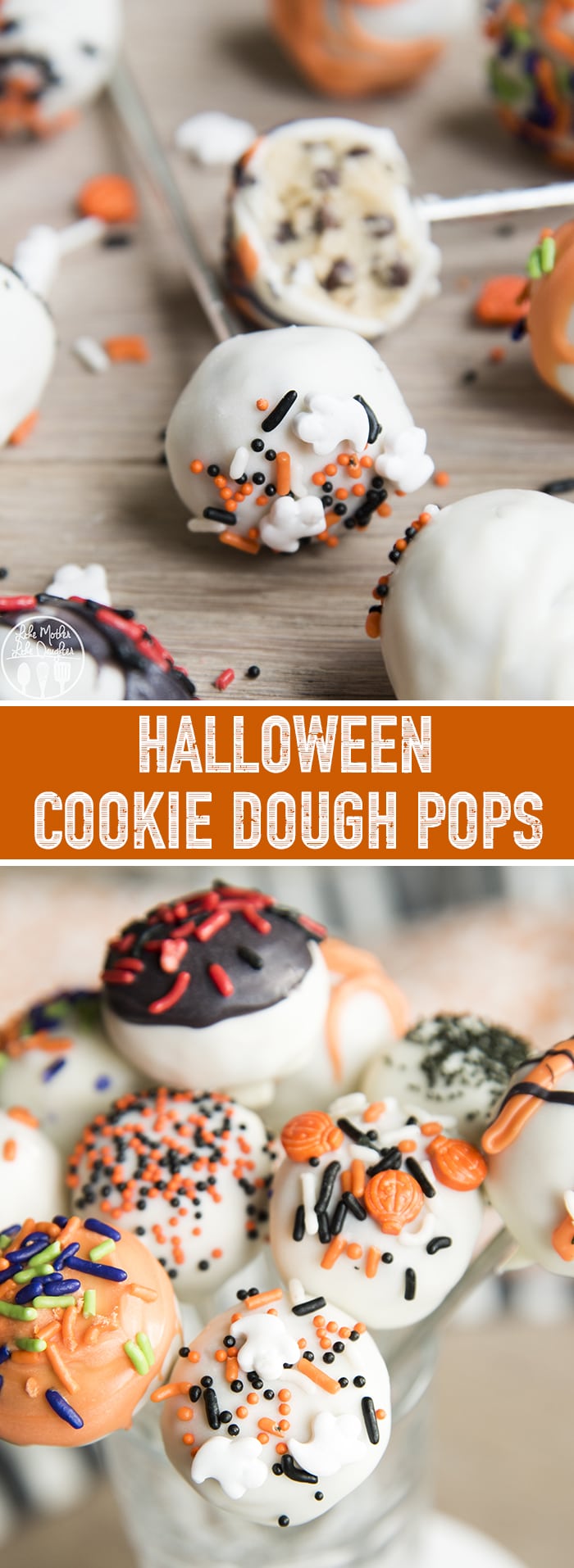 A collage of two photos of Halloween Cookie Dough Pops with a text block in the middle.
