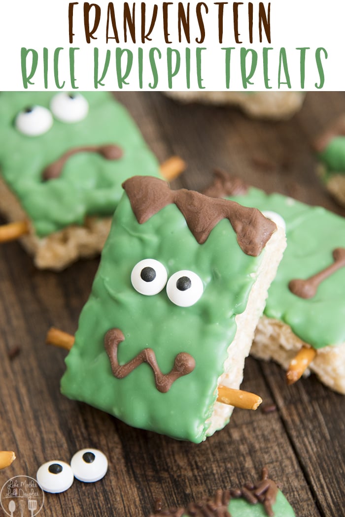 Frankenstein Rice Krispie treats decorated with candy eyes, green candy melts, and pretzels.