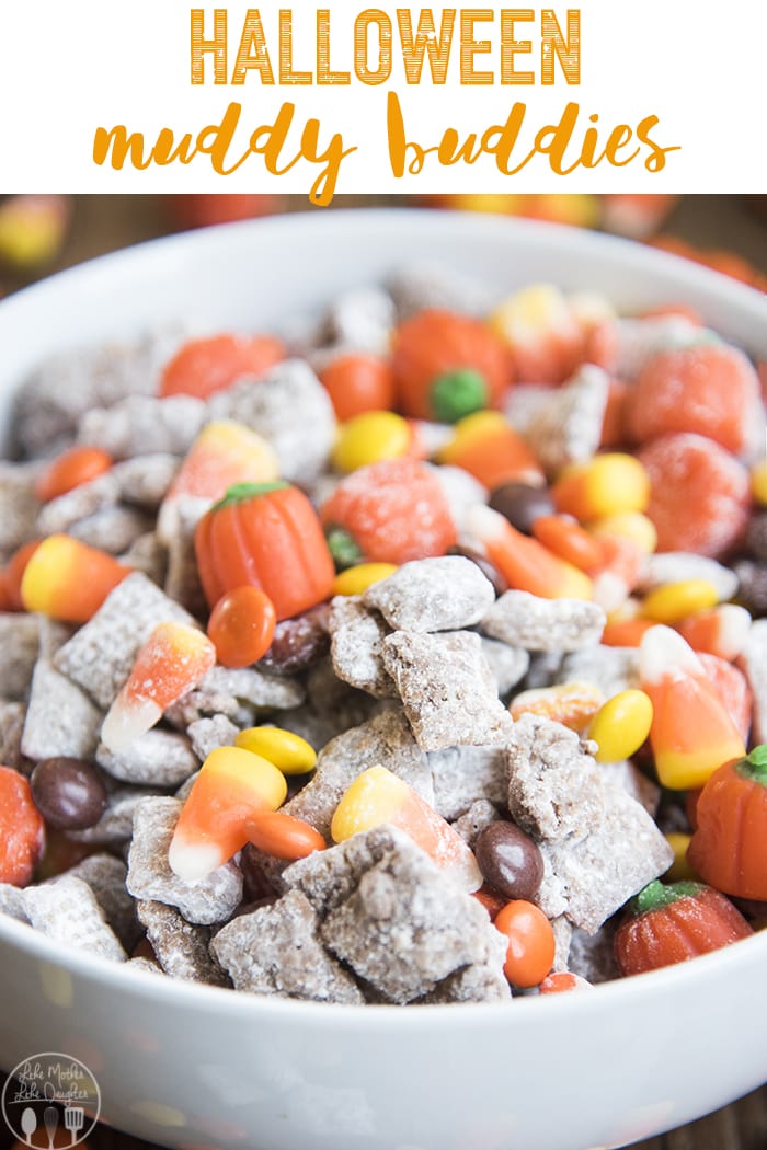 These Halloween Muddy Buddies are your favorite peanut butter chocolate snack mix, with Halloween candies mixed in! Perfect for a Halloween party!