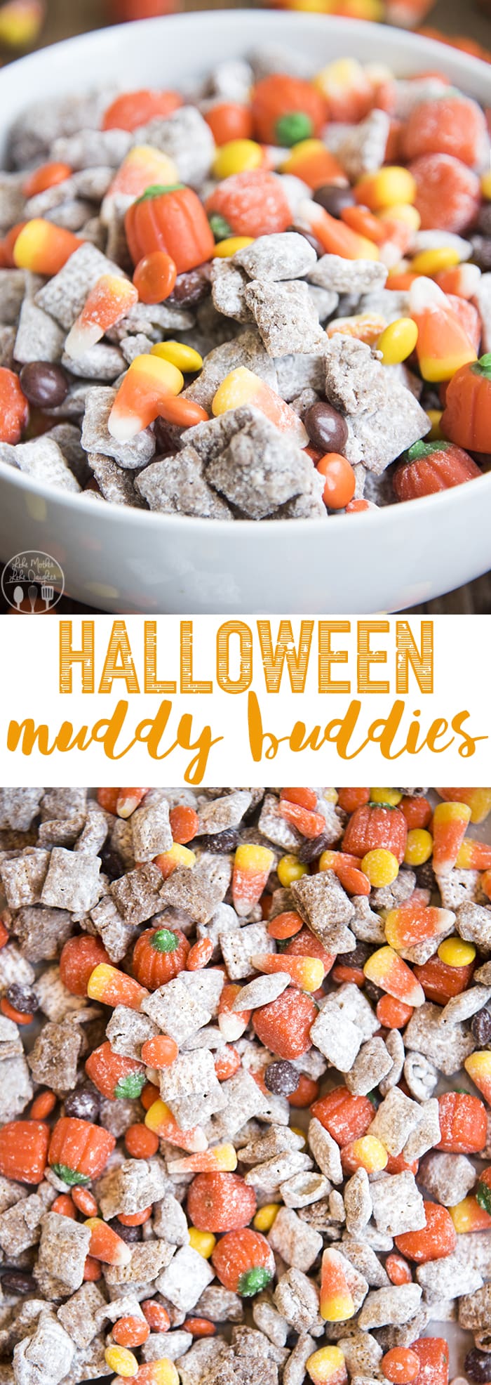 These Halloween Muddy Buddies are your favorite peanut butter chocolate snack mix, with Halloween candies mixed in! Perfect for a Halloween party!