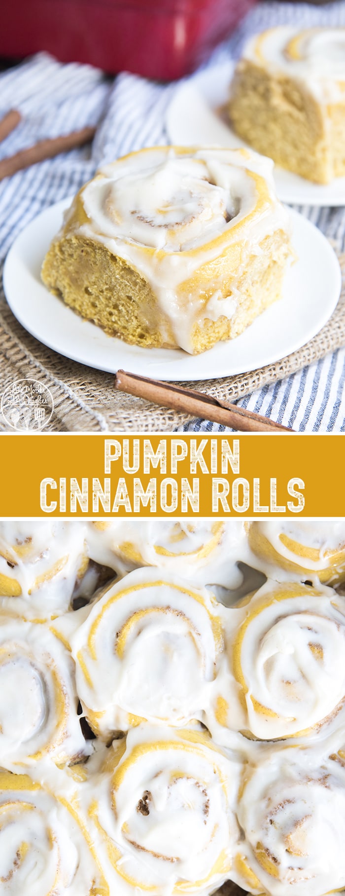 A collage of two pictures of pumpkin cinnamon rolls with a text block in the middle. 