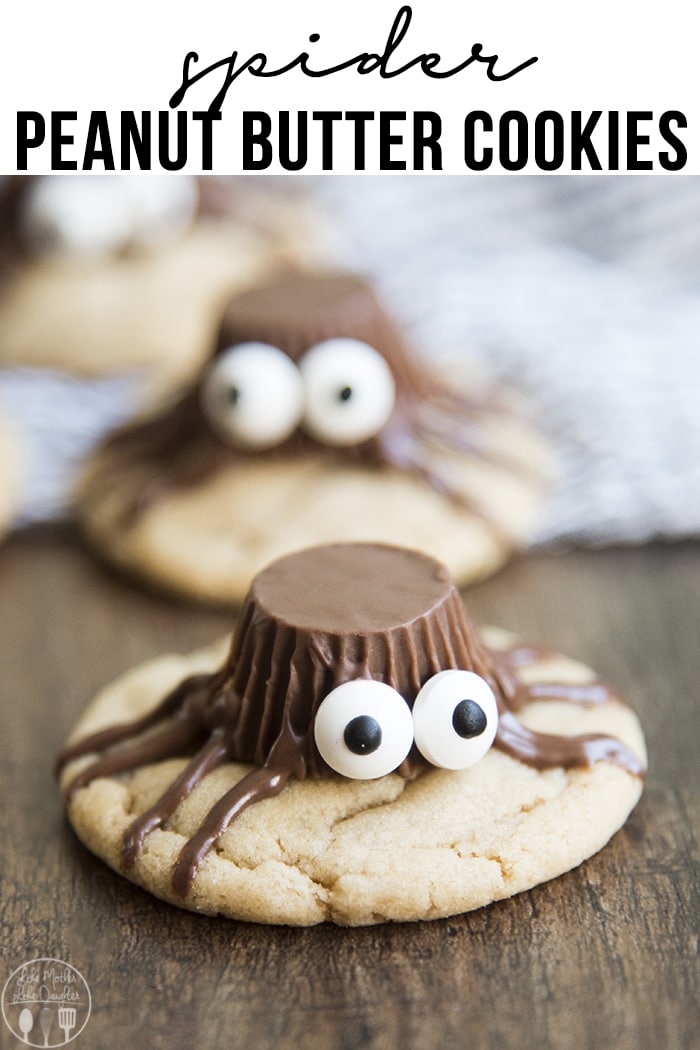 Peanut butter cookies topped with a reeses cup and candy eyes to look like a spider. 
