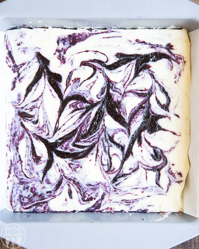 An overhead photo of a pan of blueberries and cream fudge.