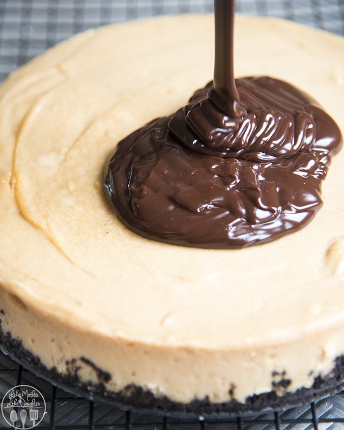 The best creamy peanut butter cheesecake with chocolate ganache on top.