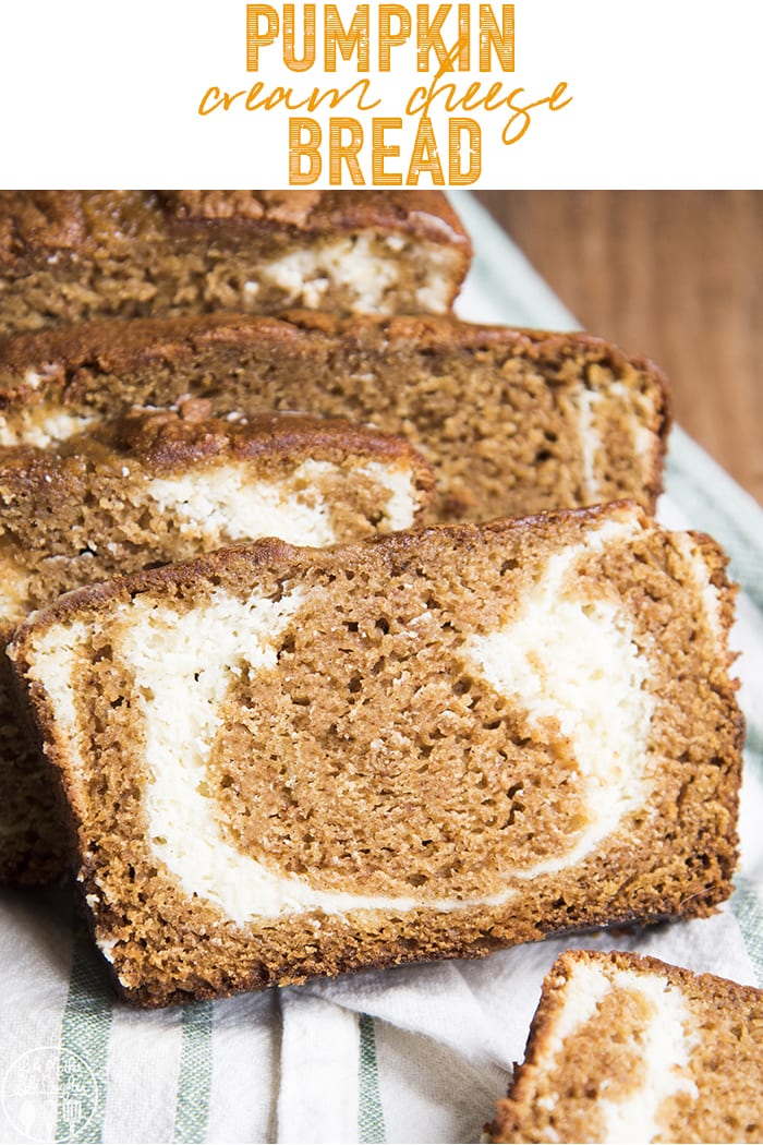 Slices of pumpkin cream cheese swirled bread laid across each other. 