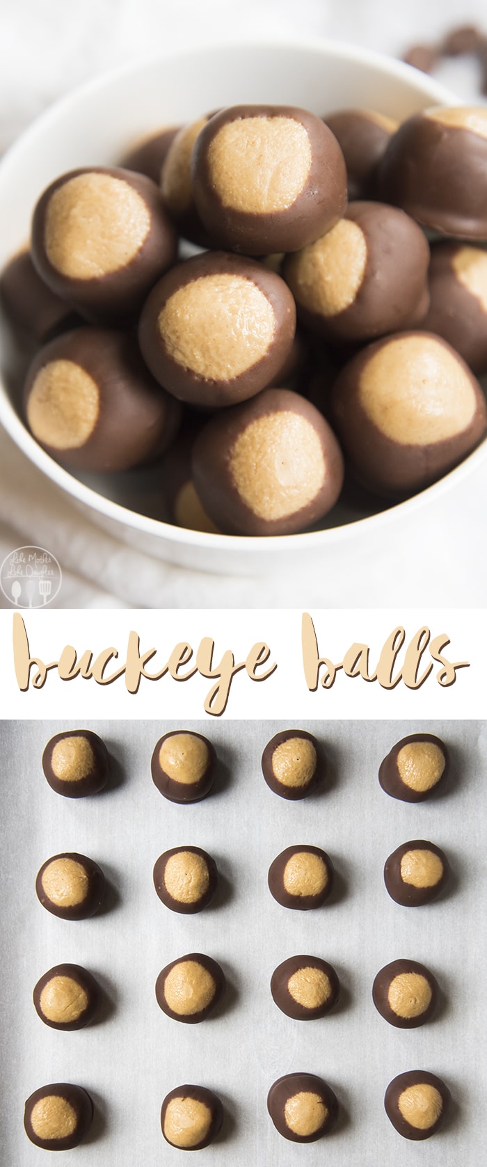 A bowl of peanut butter balls dipped in chocolate up to the top third, that makes them look like buckeye nuts.