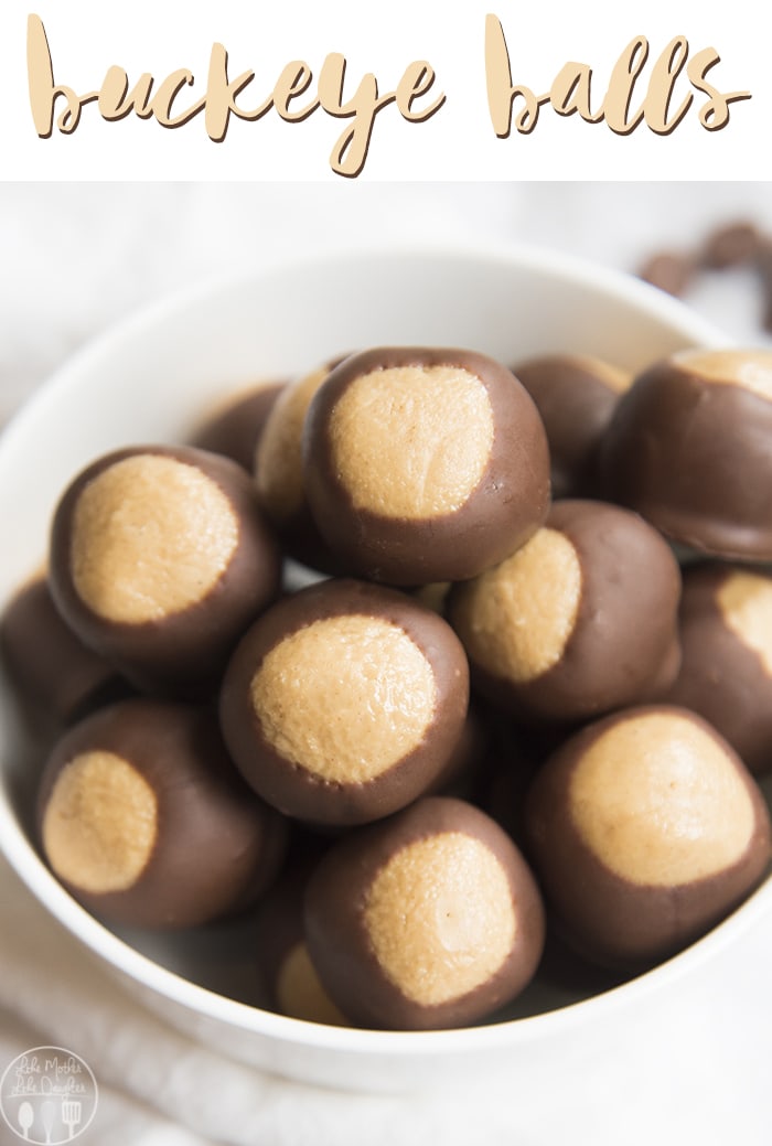 A bowl of peanut butter buckeye balls dipped in chocolate. 