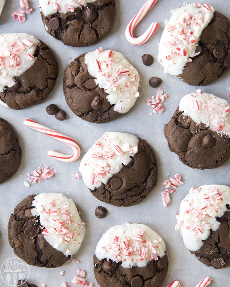 An overhead photo of peppermint bark cookies and candy canes.