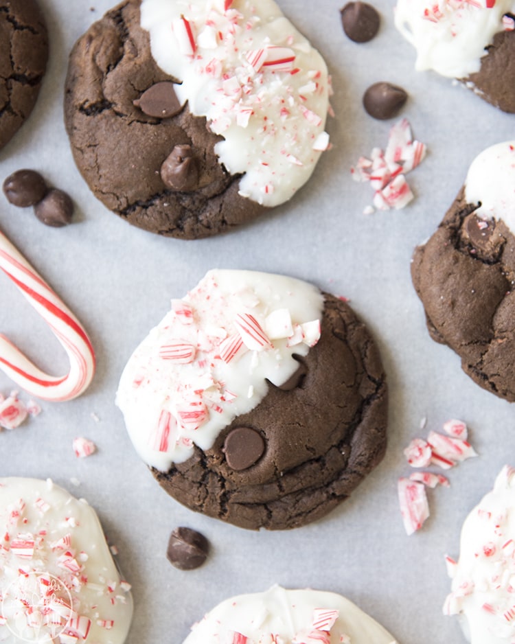 An overhead photo of chocolate cookies dipped in white chocolate and topped with crushed candy canes.