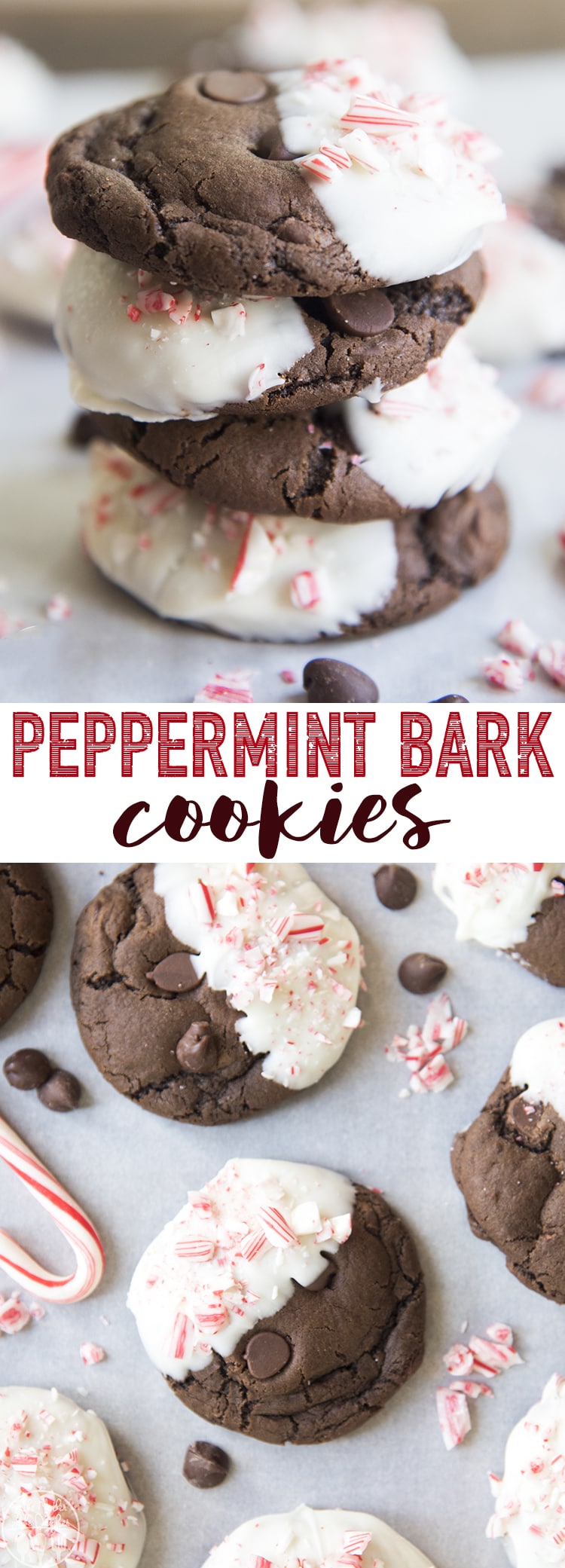 A collage of two photos of peppermint bark cookies with a text block in the middle.
