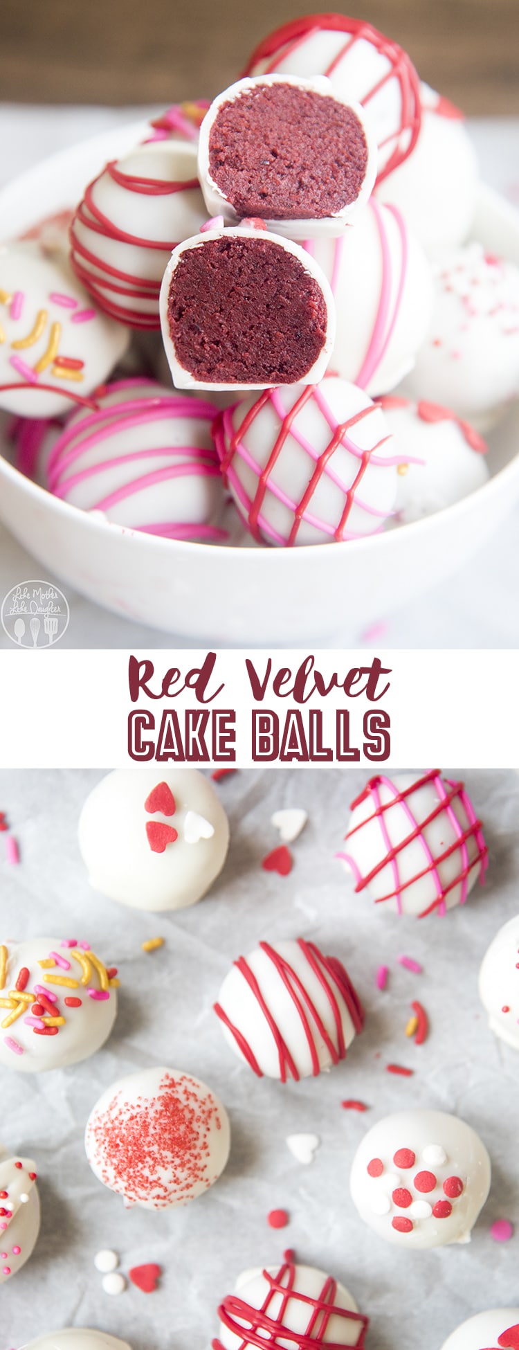A collage of two photos of white chocolate covered red velvet cake balls with a text block in the middle. 