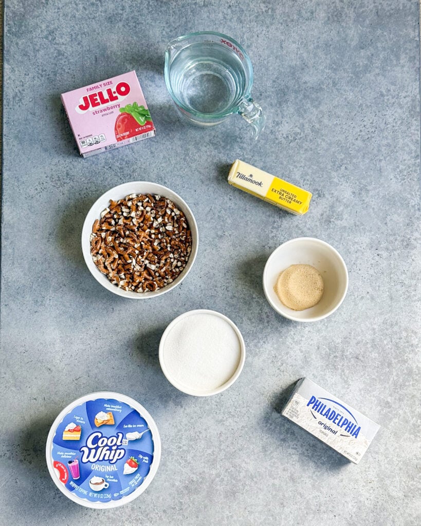 The ingredients needed to make strawberry pretzel jello salad.