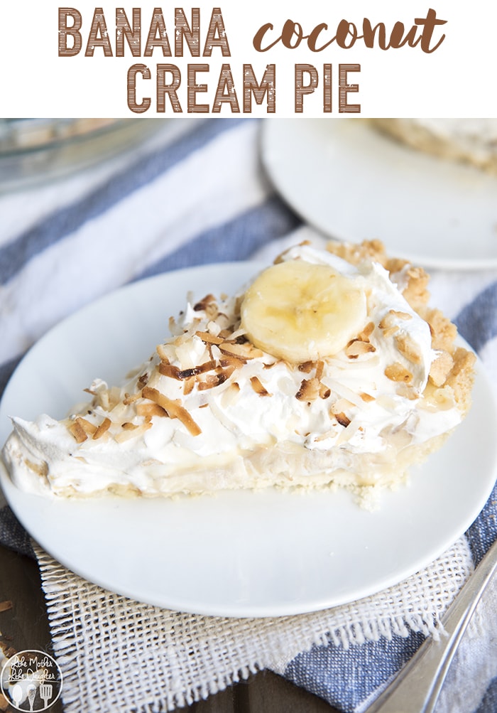 A slice of banana coconut cream pie on a plate topped with toasted coconut and a banana slice.