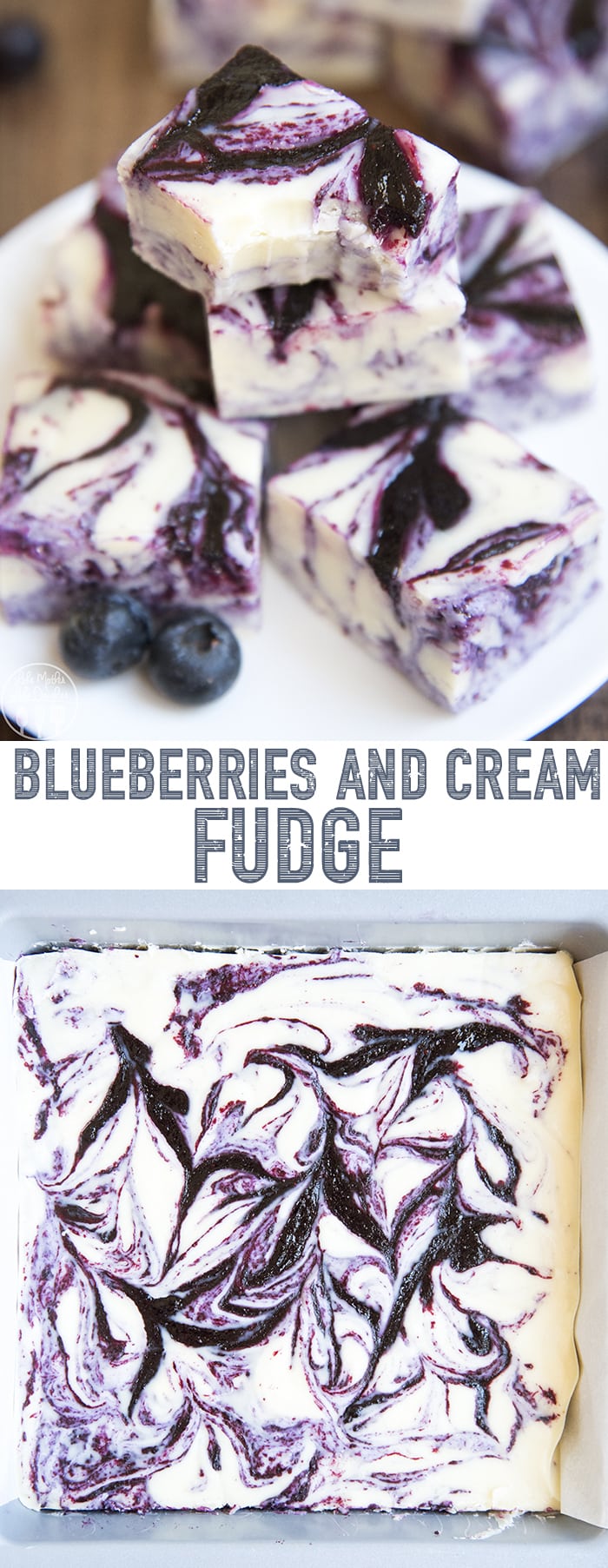 A collage of two photos of blueberries and cream fudge with a text block in the middle.