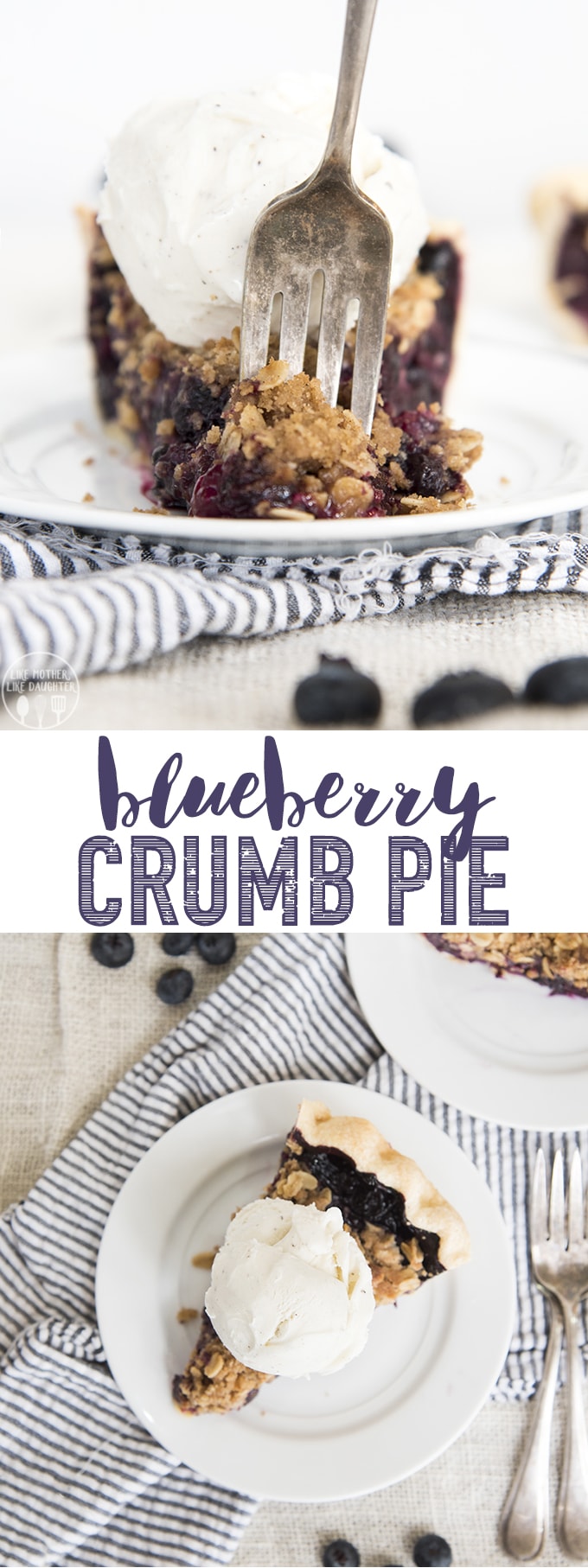 A collage of two photos of blueberry crumble pie with a text block in the middle. 