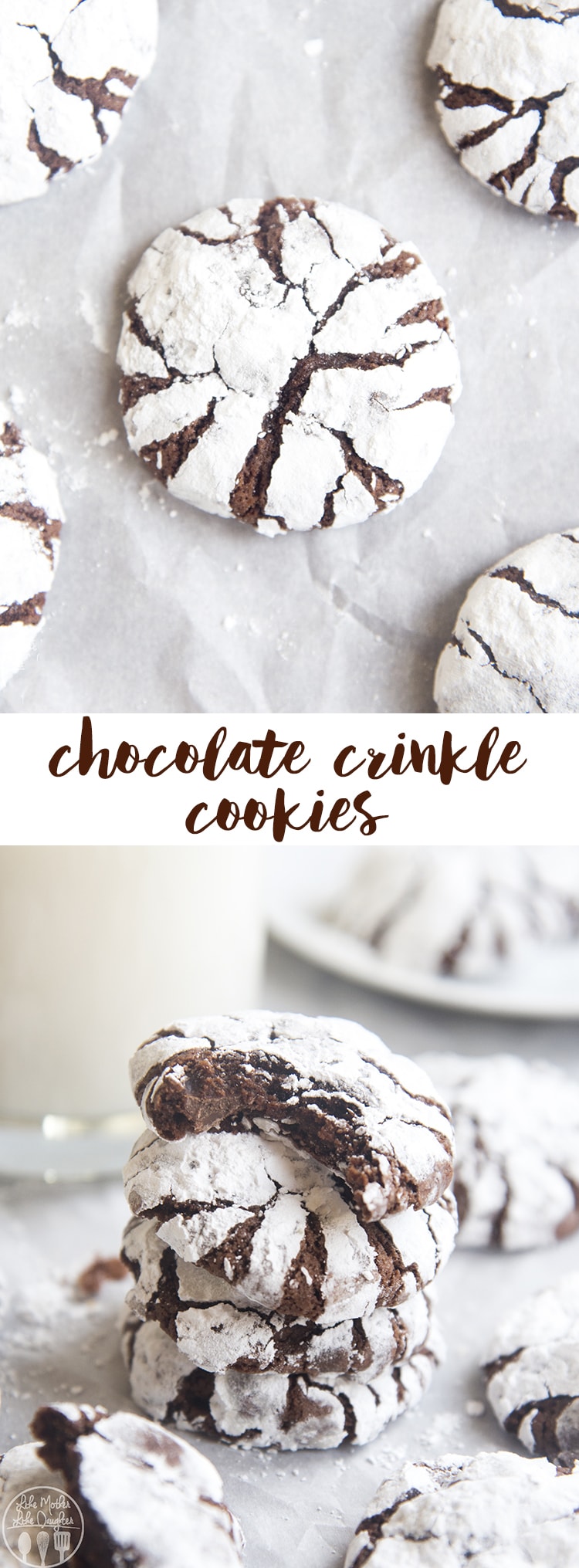 Two photos of chocolate crinkle cookies covered in powdered sugar, with a text block in the middle.