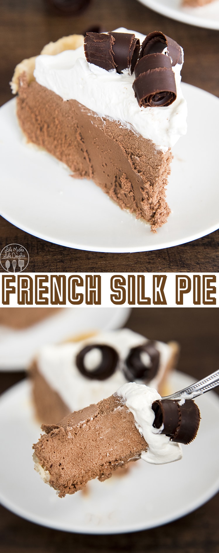 A collage of two photos of french silk pie with a text block in the middle.
