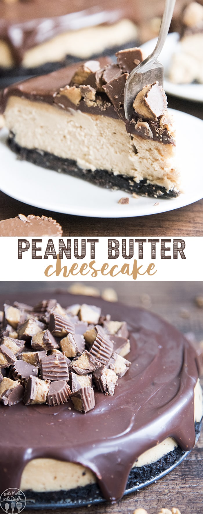 A collage of two photos of peanut butter cheesecake topped with chocolate ganache.
