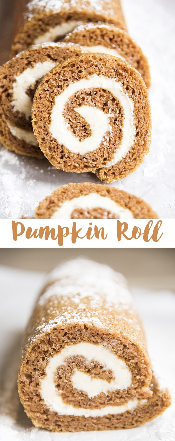 A collage of two photos of pumpkin roll with a text block in the middle. 