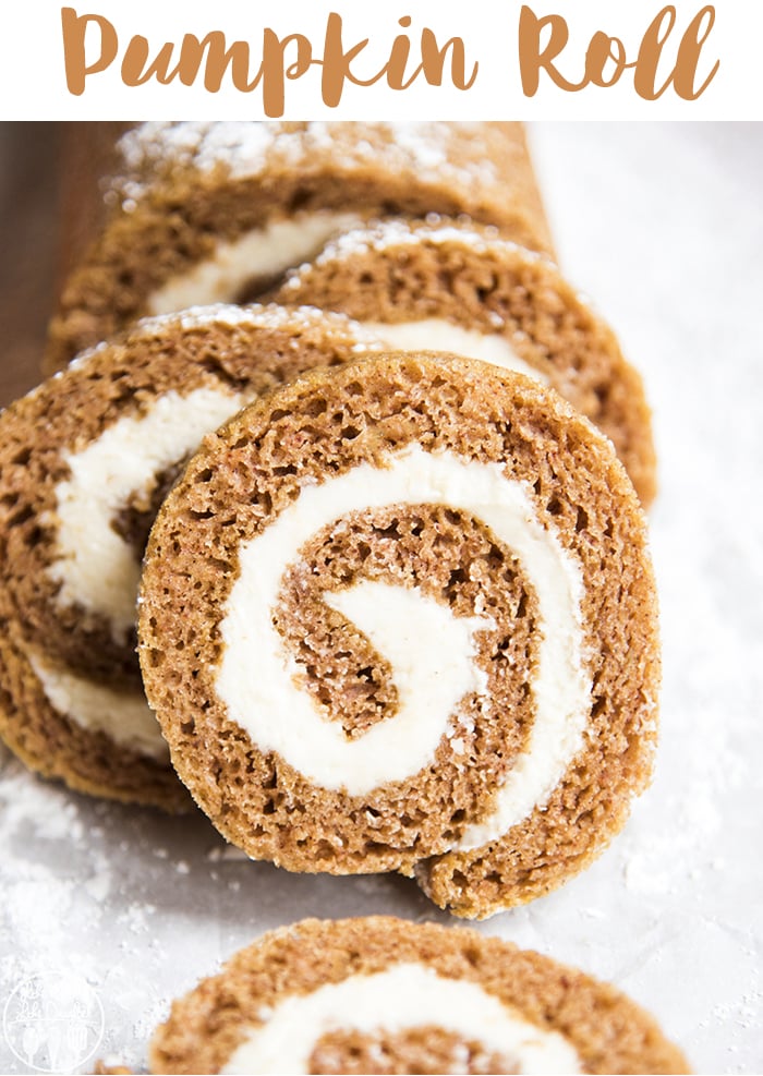 A close up of pumpkin roll slices. 
