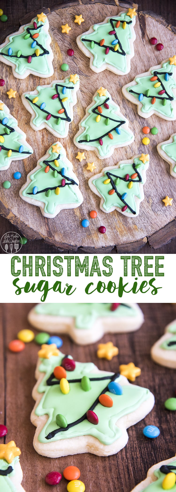 A collage of two photos of Christmas tree cookies with a text block in the middle. 