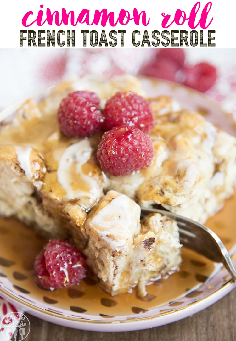 A piece of cinnamon roll french toast casserole with a fork cutting into it.