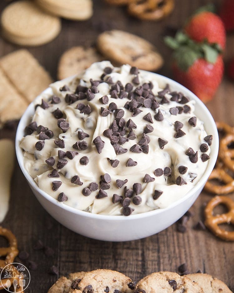 A bowl of cookie dough dip topped with mini chocolate chips.