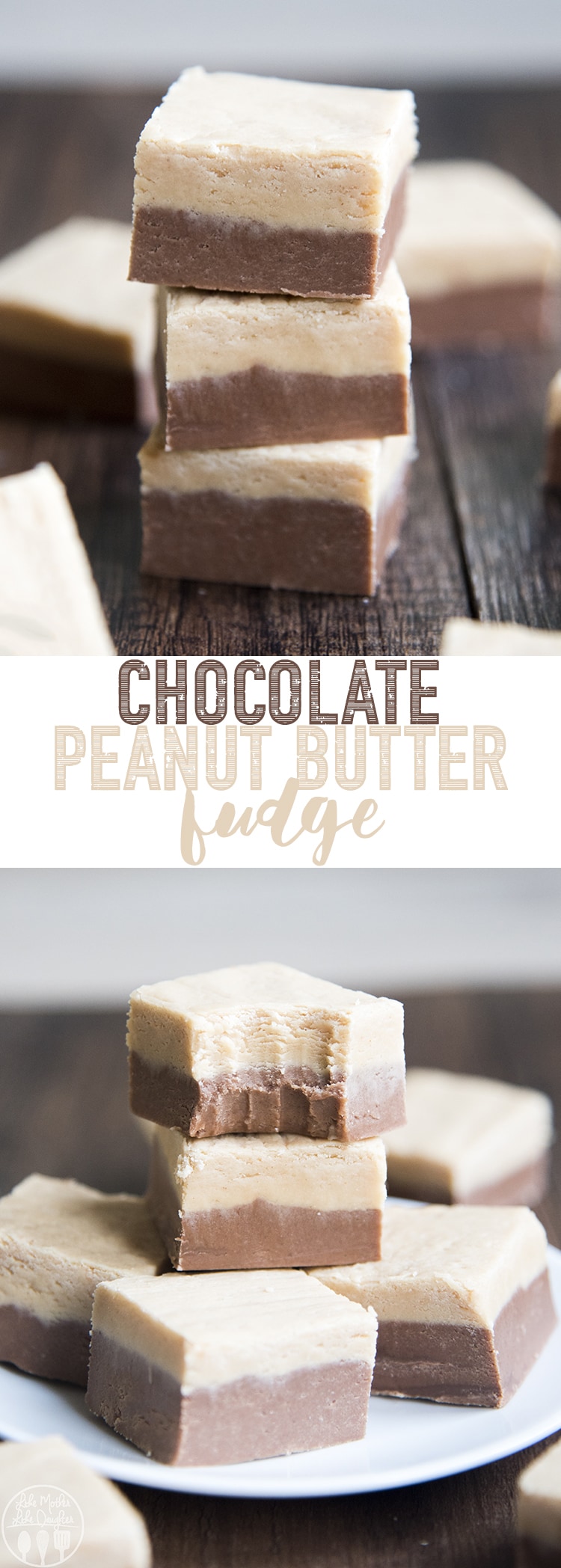 A collage of two photos of chocolate peanut butter fudge with a text block in the middle. 
