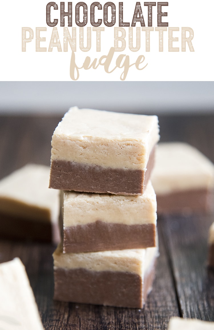 Three pieces of chocolate peanut butter fudge topped with a text block over the photo.