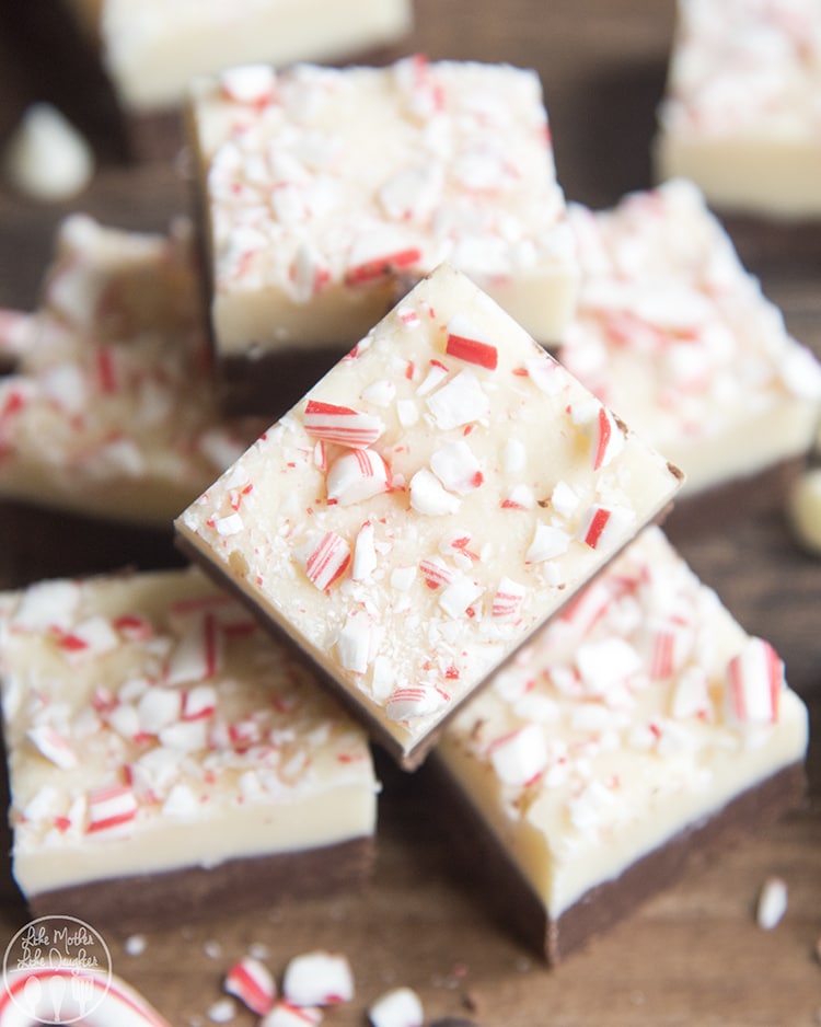 Peppermint Fudge with layers of chocolate and white chocolate fudge