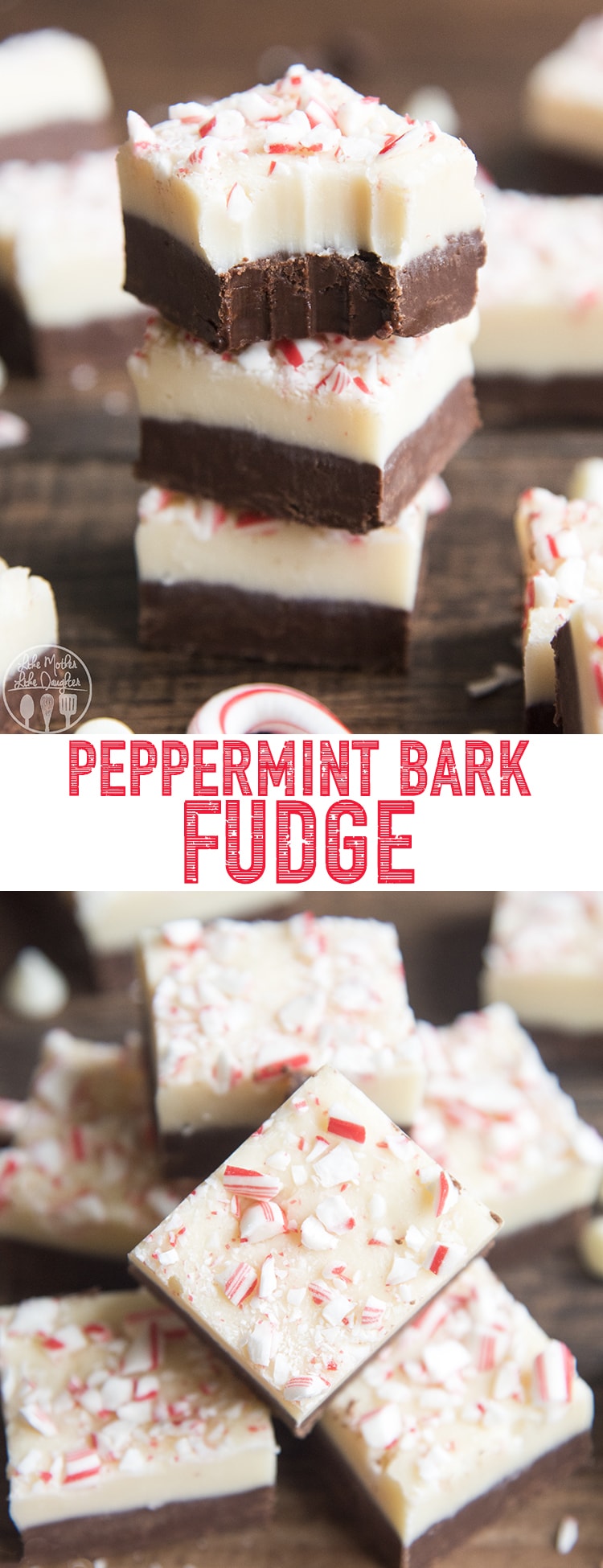 A collage of two photos of peppermint bark fudge with a text block in the middle. 