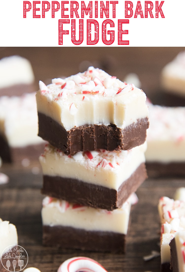 A stack of peppermint bark fudge with chocolate on the bottom and white chocolate on top, with candy cane pieces. 