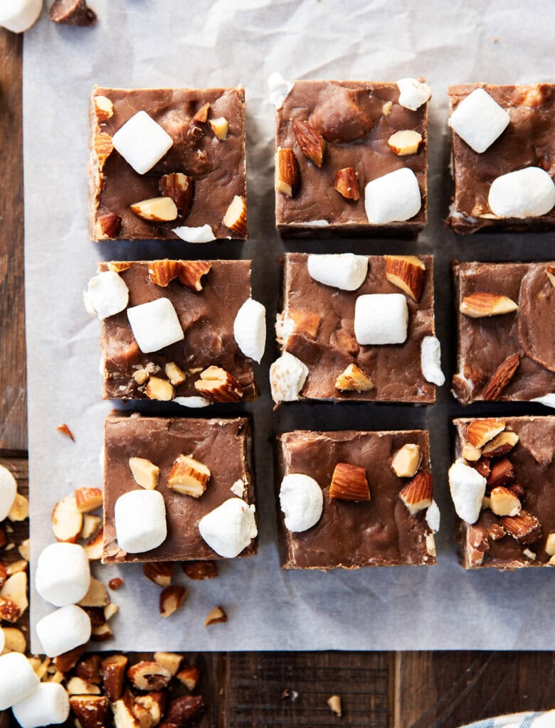 An above view of rocky road fudge squares on parchment paper.