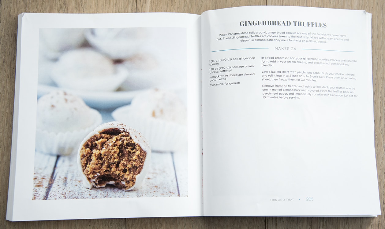 Pages in a recipe cookbook with a photo of a gingerbread truffle.
