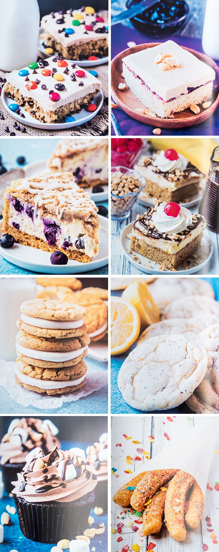 A collage of 4 different desserts from a cookbook page.